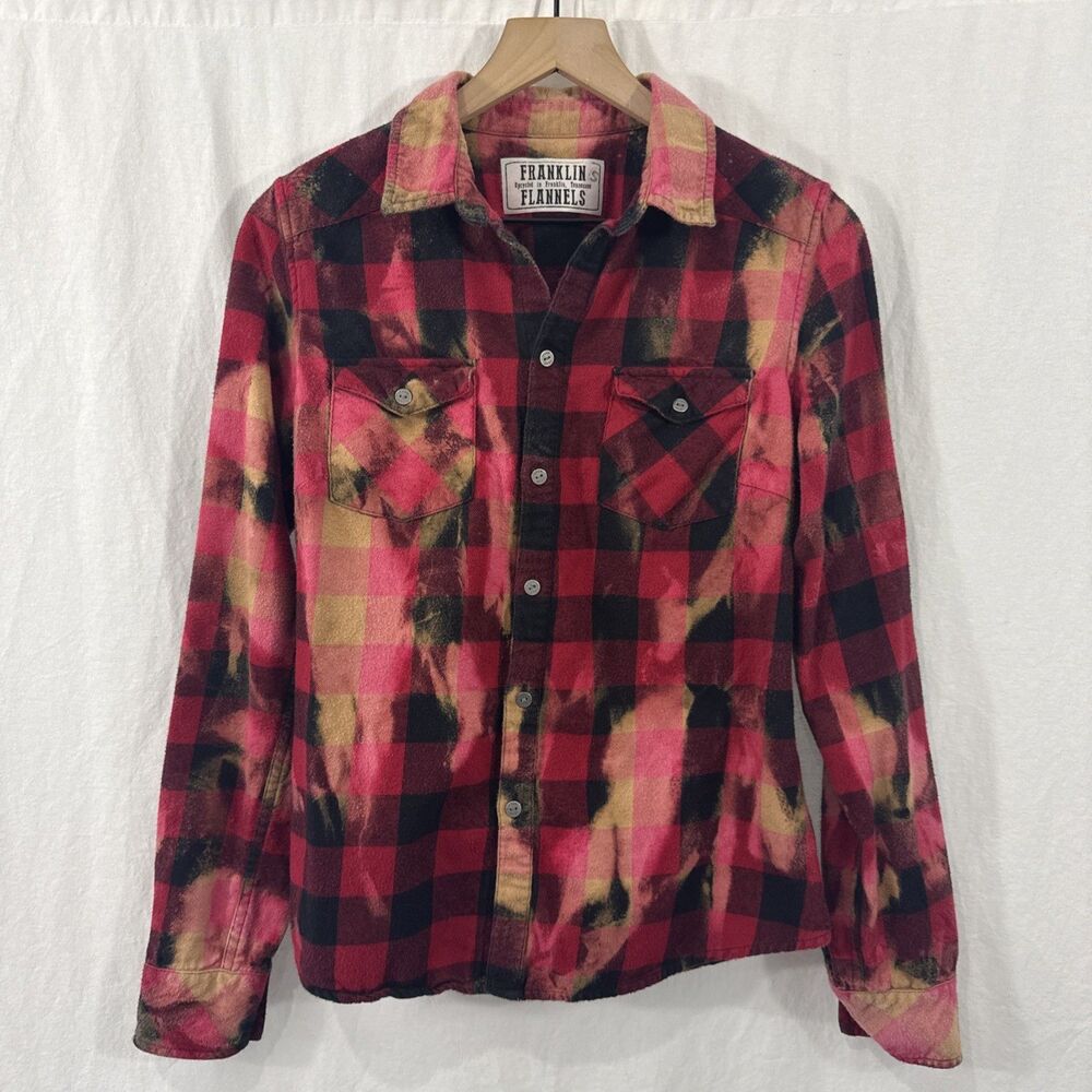 Franklin Flannels Button Up Red Black Tie Dye Buffalo Plaid Shirt Unisex Sz S